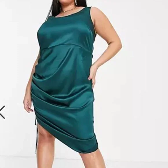 ASOS Curve | Dresses | Asos Design Curve Midi Slip Dress With Ruched Side  In Teal Satin Size 2 | Poshmark